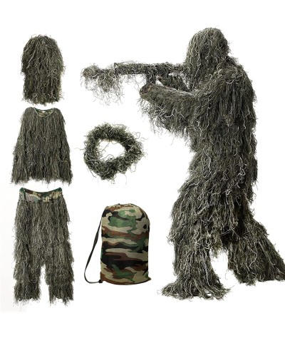 Traje Ghillie, ropa de caza de camuflaje 3D, incluyendo chaqueta, pantalones, capucha, bolsa de transporte, ropa de caza de