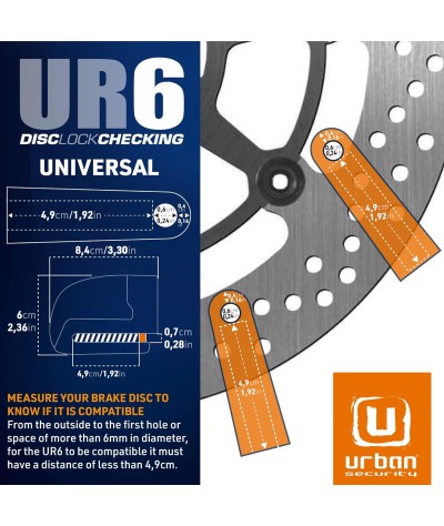 Candado con alarma para el disco de freno Urban UR6 para motocicleta y bicicleta de 0.23 in y 120 dB, universal, resistente al