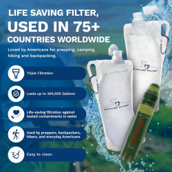 Survivor Filter Squeeze Kit - Paja de supervivencia purificadora de agua con botella de agua plegable, popote de supervivencia