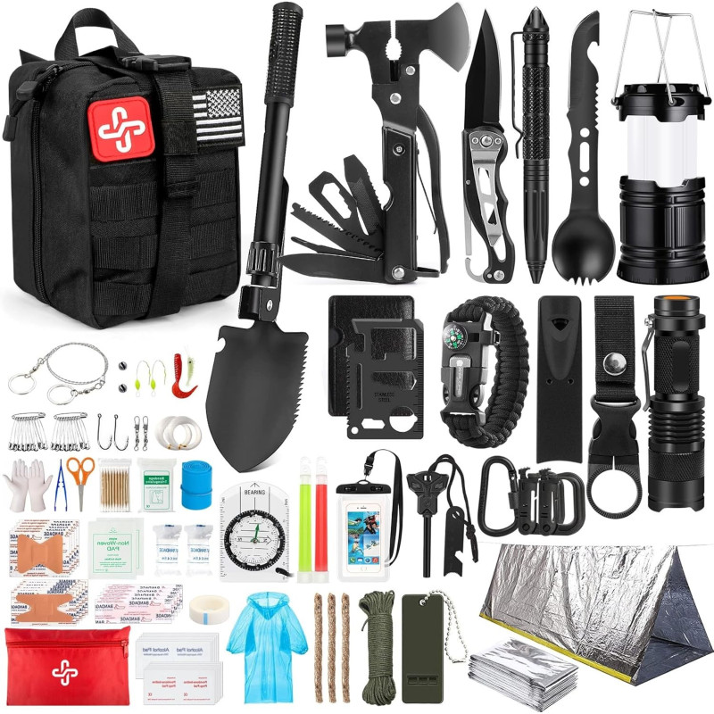 Kit de supervivencia, 250 piezas de equipo de supervivencia con bolsa compatible con sistema Molle y tienda de emergencia
