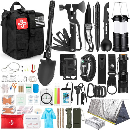 Kit de supervivencia, 250 piezas de equipo de supervivencia con bolsa compatible con sistema Molle y tienda de emergencia