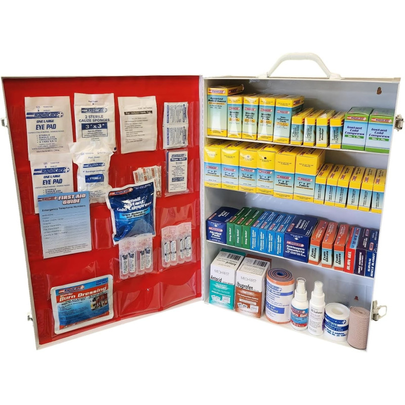 Gabinete de primeros auxilios multiusos con 4 estantes y estación médica con letrero de primeros auxilios