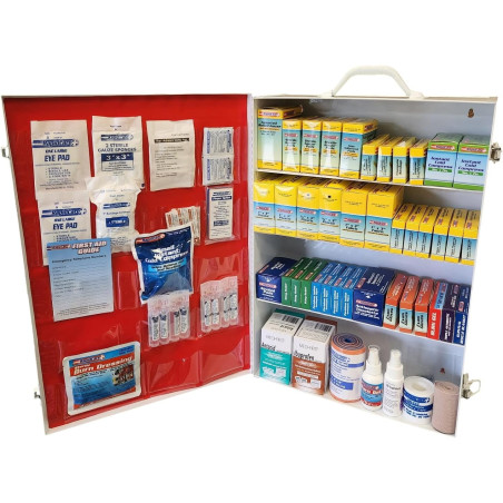 Gabinete de primeros auxilios multiusos con 4 estantes y estación médica con letrero de primeros auxilios