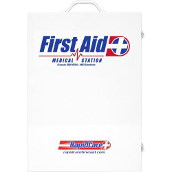 Gabinete de primeros auxilios multiusos con 4 estantes y estación médica con letrero de primeros auxilios