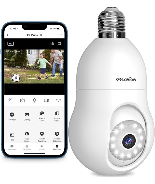 LaView Cámara de seguridad con bombilla de 4MP 2.4GHz, cámaras de seguridad 2K de 360° inalámbricas para exteriores e